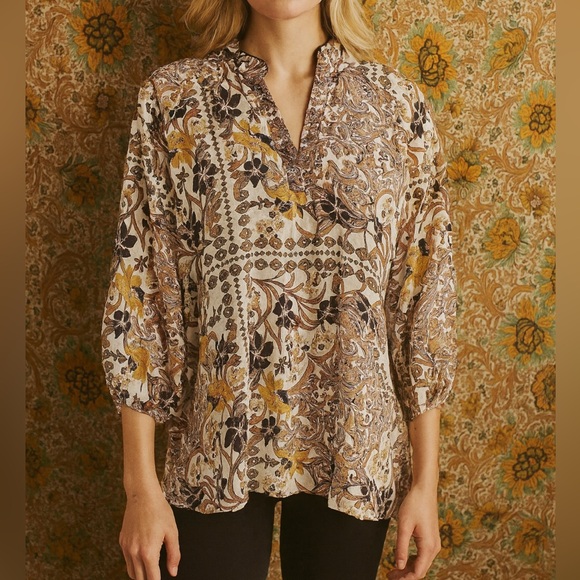 Johnny Was Phoenix Silk Tunic Top in Yellow Floral - Picture 1 of 8